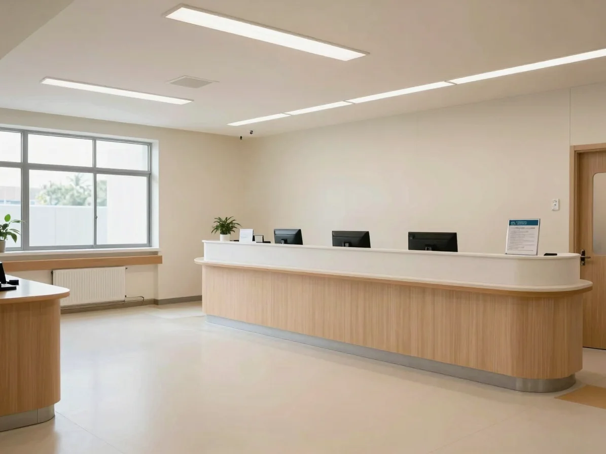 Welcoming clinic reception interior in soft natural daylight, uncluttered calm neutral tones, clean clinical space, 35mm