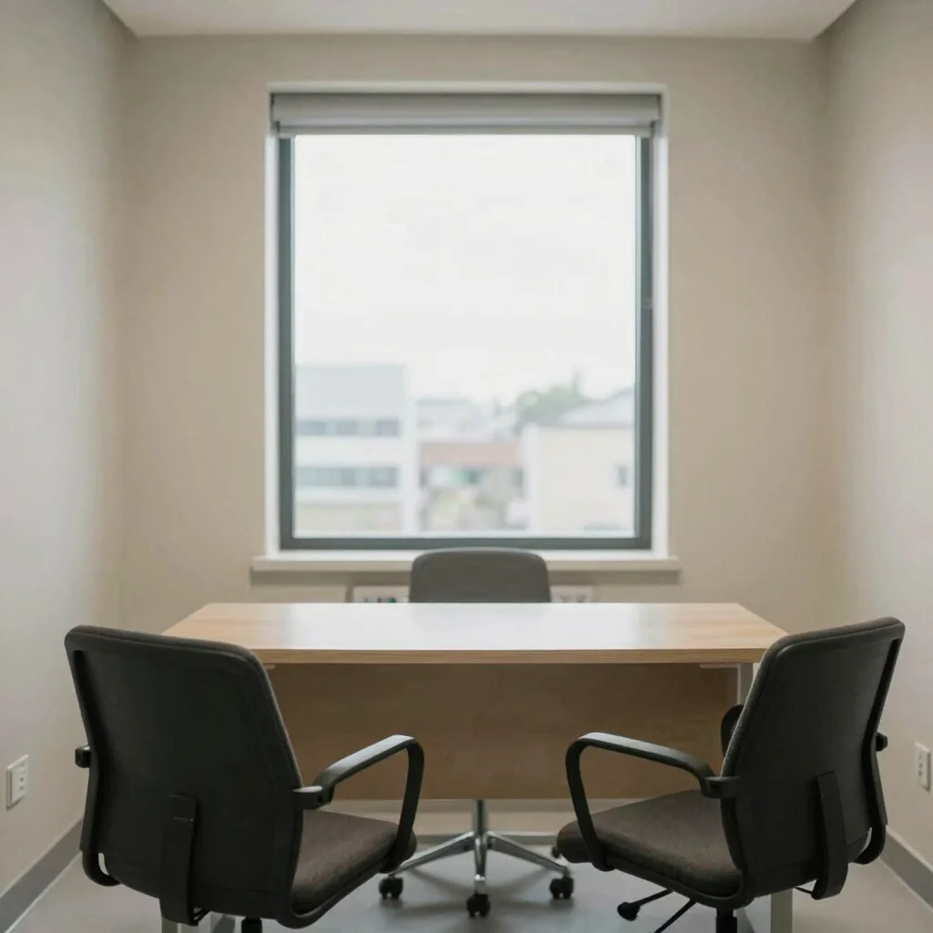 Quiet consultation room with a simple desk and two chairs, soft daylight through a window, calm neutral palette, clean c
