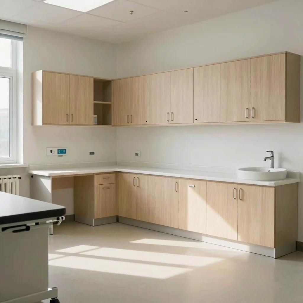 Empty examination room with tidy cabinets and a wall-mounted sink, soft natural daylight, clean balanced framing, 35mm l