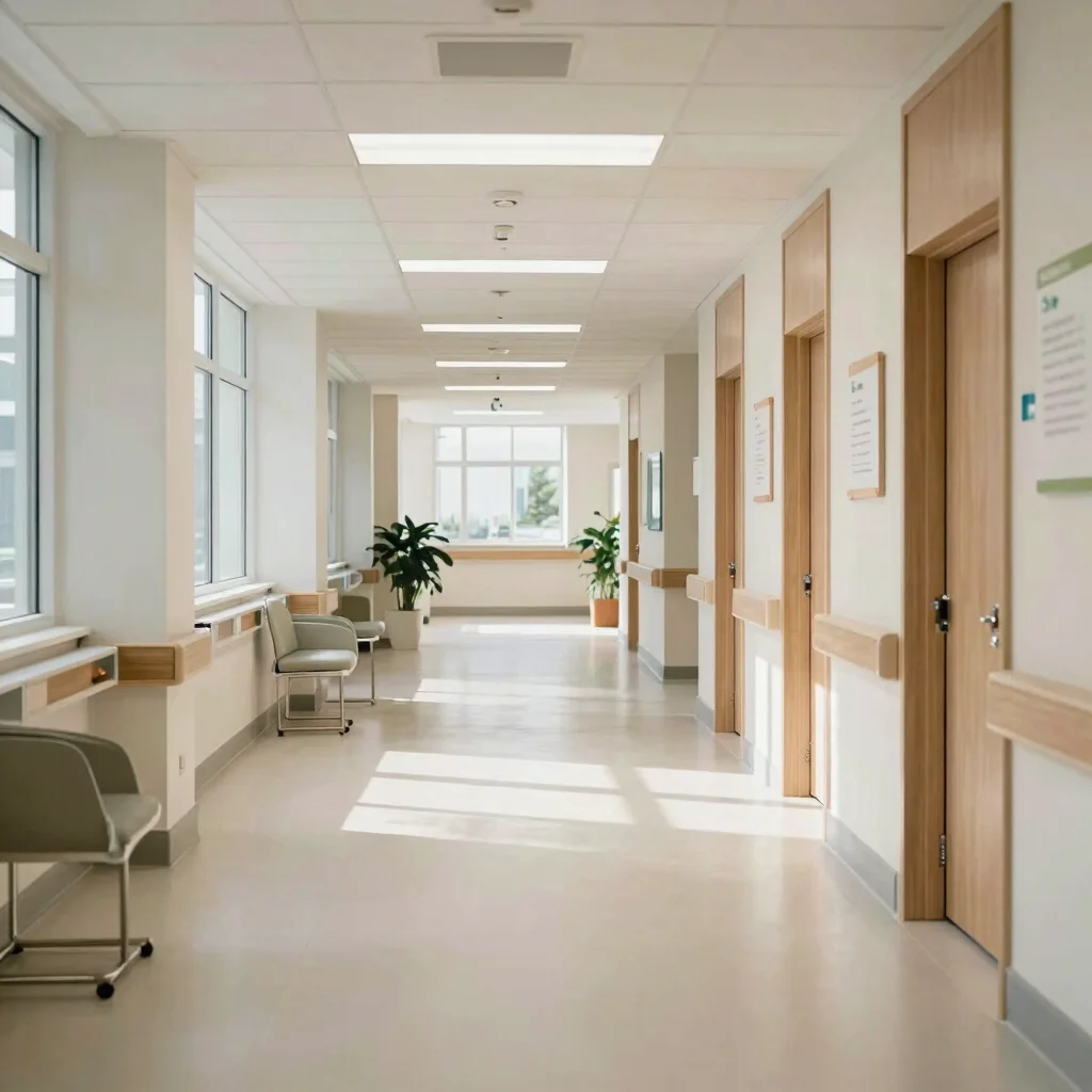 Bright hallway in a healthcare facility with wide clearances and subtle wayfinding, soft daylight, calm neutral tones, 3