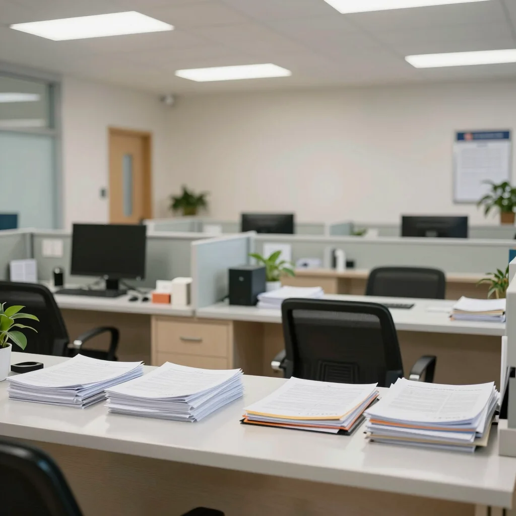 Administrative front desk area with orderly paperwork and open workspace, soft natural light, clean clinical styling, 35