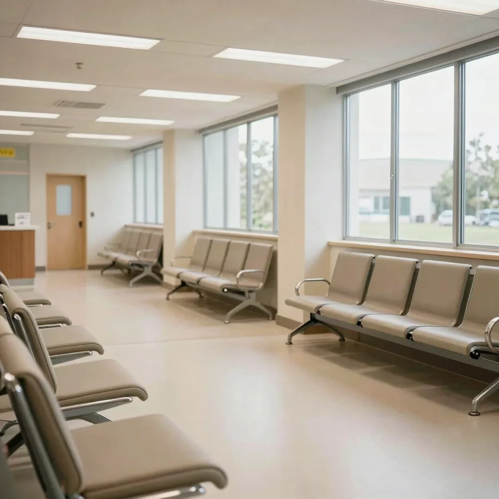Waiting area with comfortable seating spaced for easy movement, soft daylight, restrained neutral palette, 35mm lens