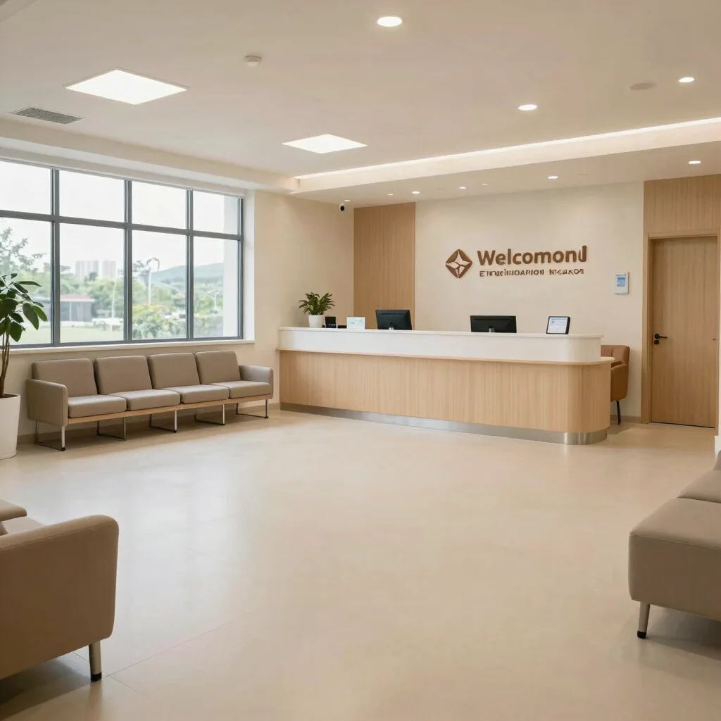 Welcoming clinic reception area in soft natural daylight, clean neutral tones, uncluttered seating and open floor, 35mm